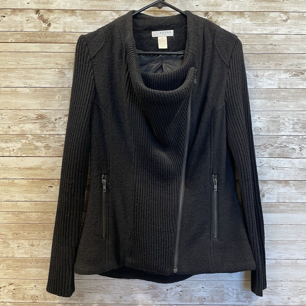 Kenar Womens Small Sweater Black 100% Wool Knit Zipper Jacket‎ Lined Cowl Neck